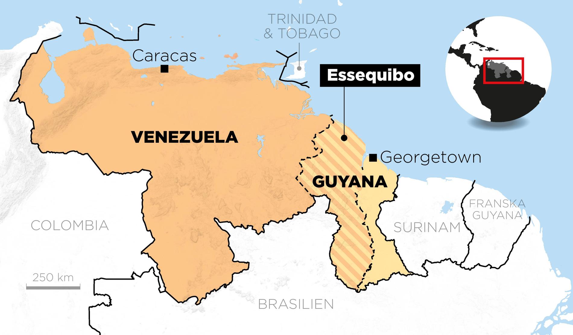 Kartan visar Essequibo-regionen i Guyana som Venezuela gör anspråk på.