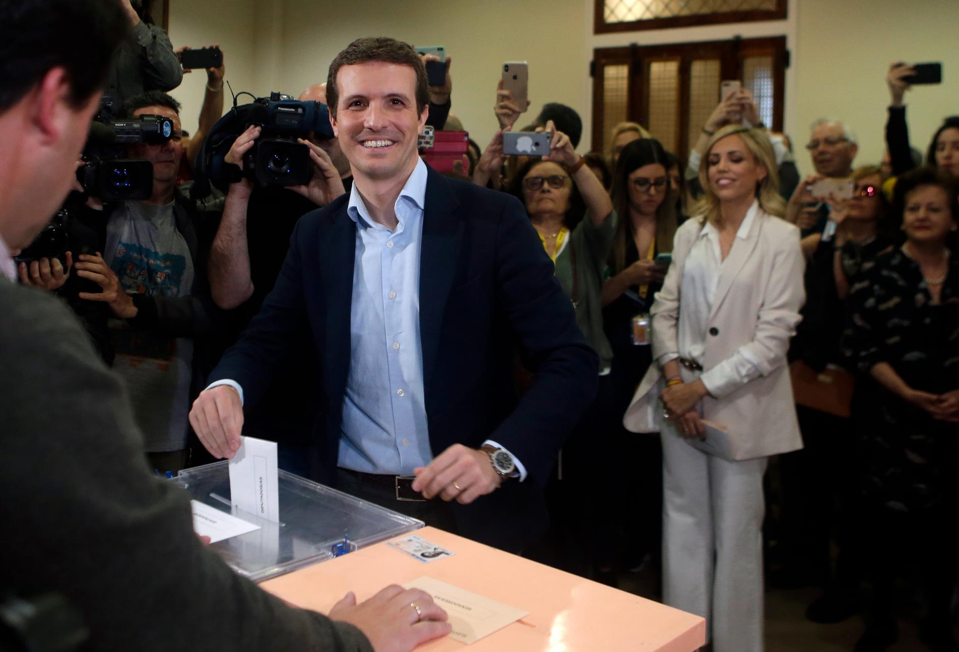 Partido Populars ledare Pablo Casado röstade i Madrid.