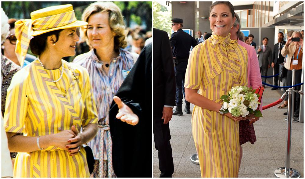 Drottning Silvias första statsbesök gick till forna Sovjetunionen 1978. Då bar hon en gulrandig klänning. Kronprinsessan Victoria återanvända klänningen under ett seminarium på World Water Week 2017. Nästan 40 år senare fick den kungliga klänningen en ståtlig och miljövänlig repris. 