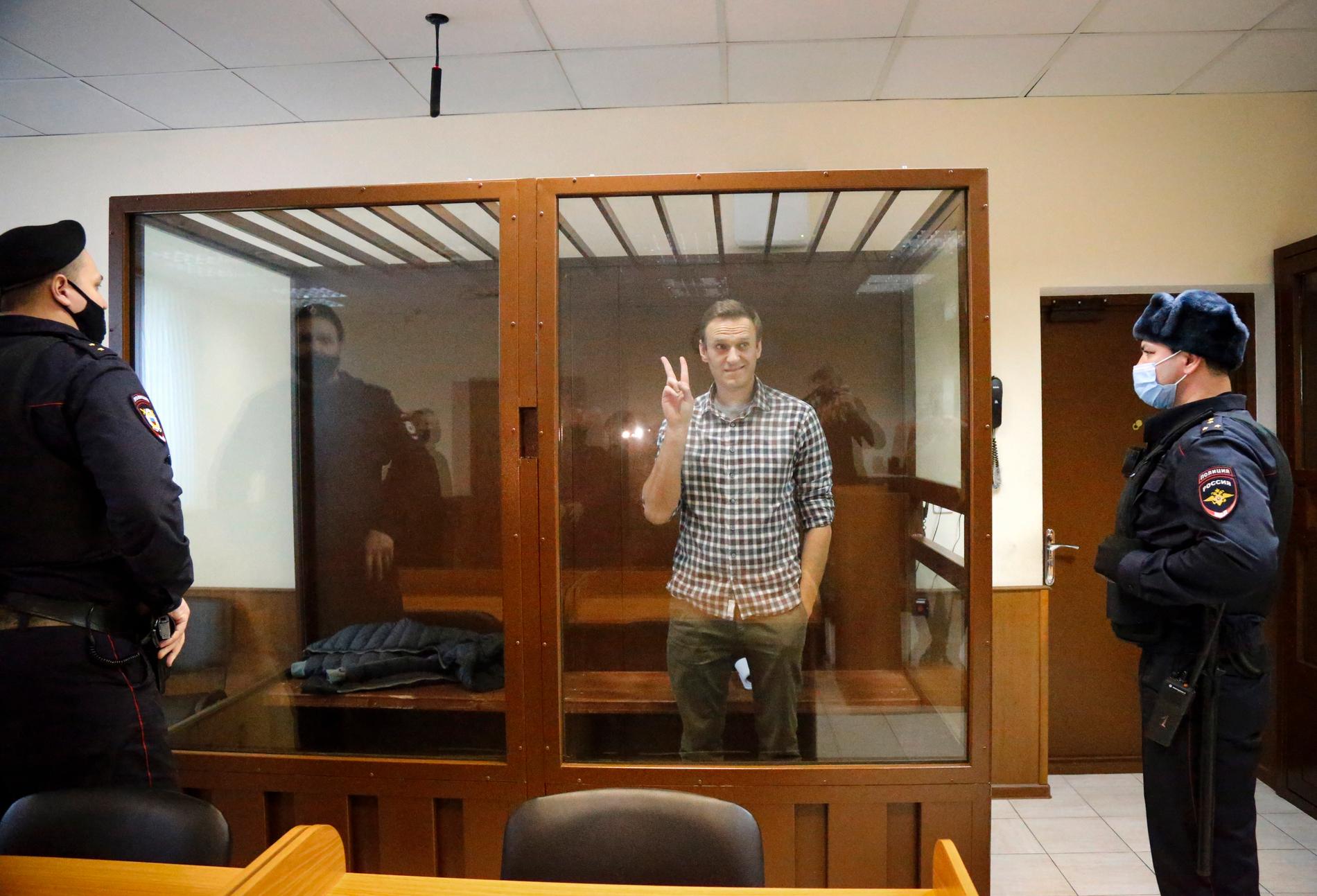 Regimkritiker Aleksej Navalnyj vid rättegången i Moskva. Arkivbild.