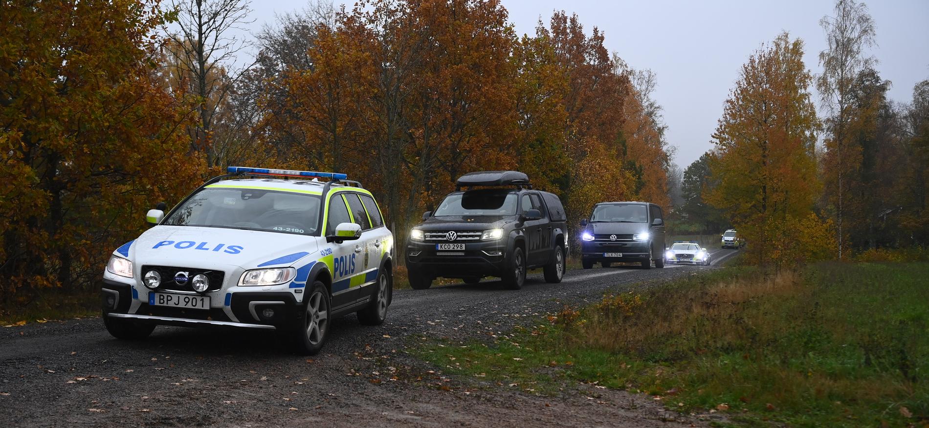 En karavan av polisbilar involverade i sökandet efter Tove i Vetlanda. 