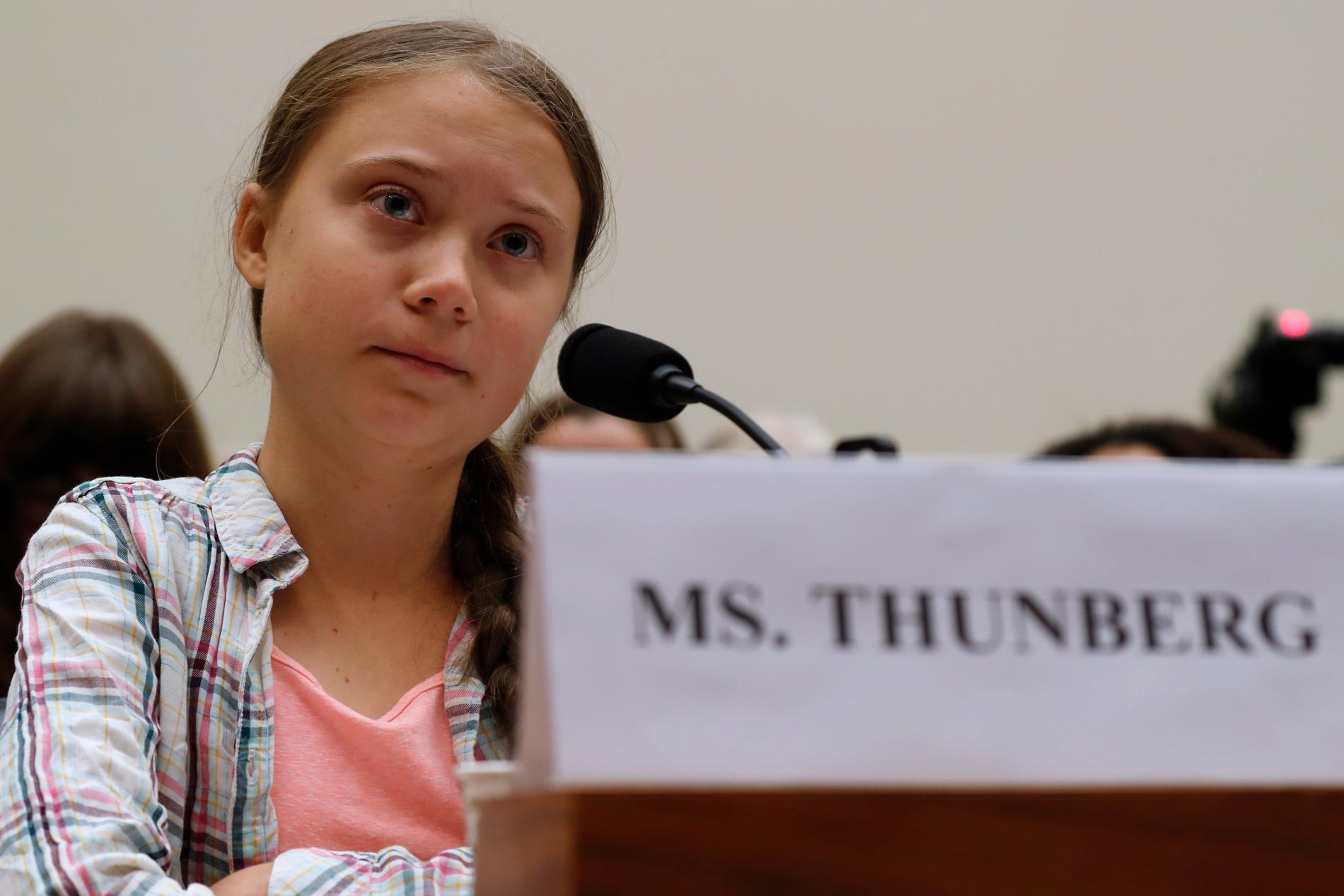 Svenska klimataktivisten Greta Thunberg talar i kongressen i USA:s huvudstad Washington DC.