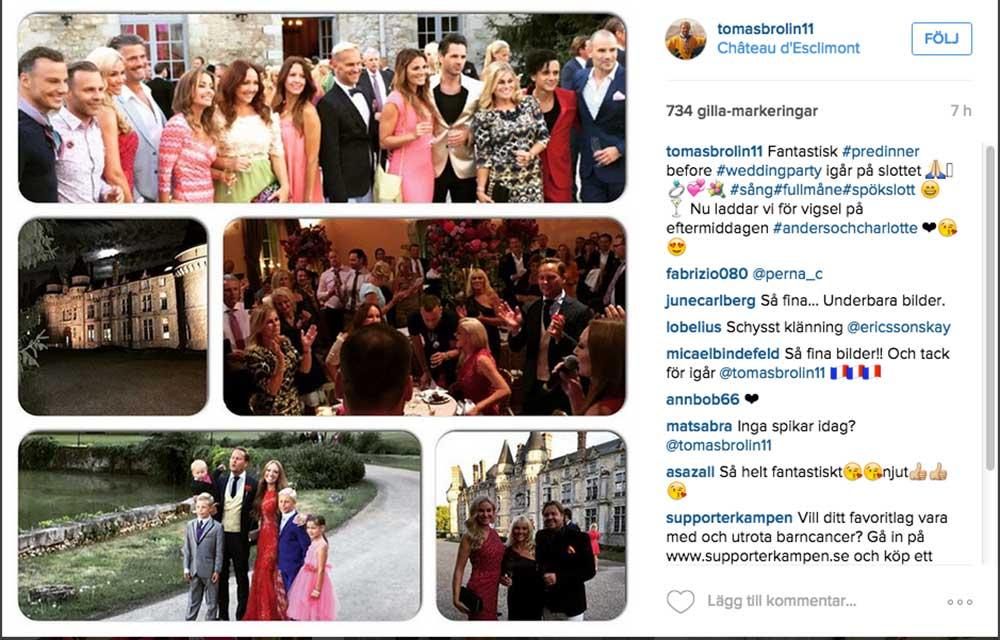 Runt 120 gäster var inbjudna till bröllopet, däribland Tomas Brolin, som också postat bilder på sitt Instagram.