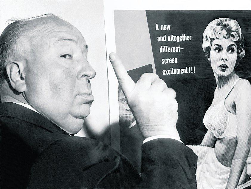 Regissören Alfred Hitchcock gör reklam för ”Psycho” 1960.