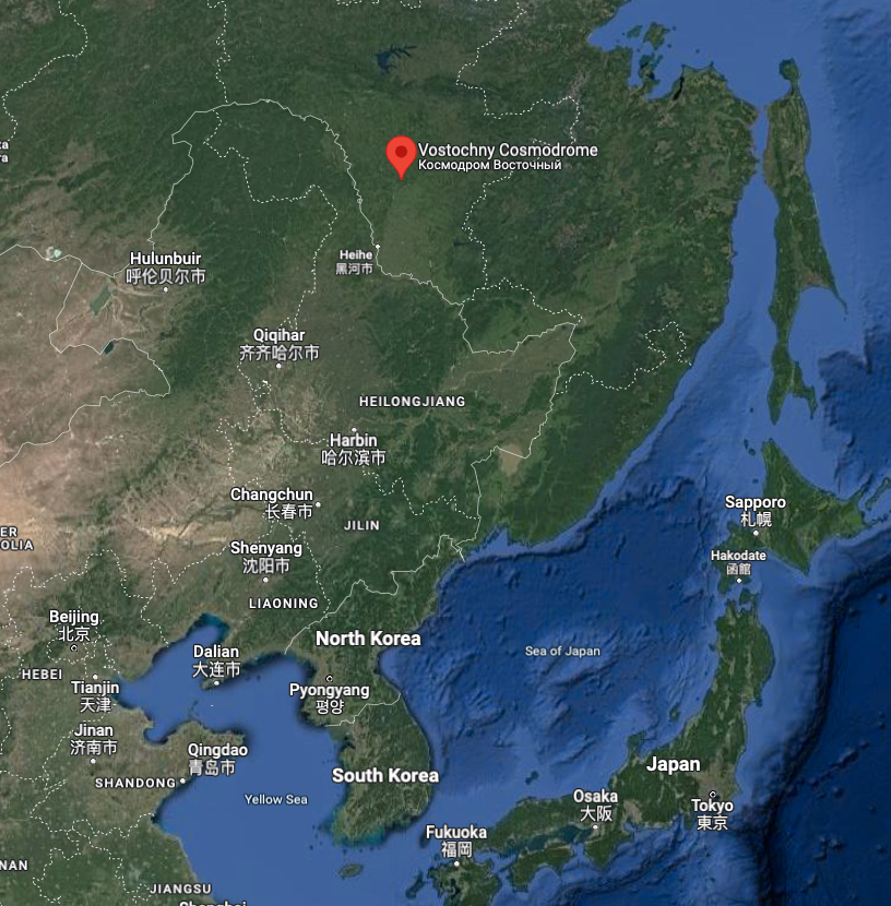 Vid den röda punkten ligger rymdbasen Vostotjnij, där de båda ledarna möttes. Kim Jong Un åkte dit i sitt pansartåg, medan Putin flög till platsen.