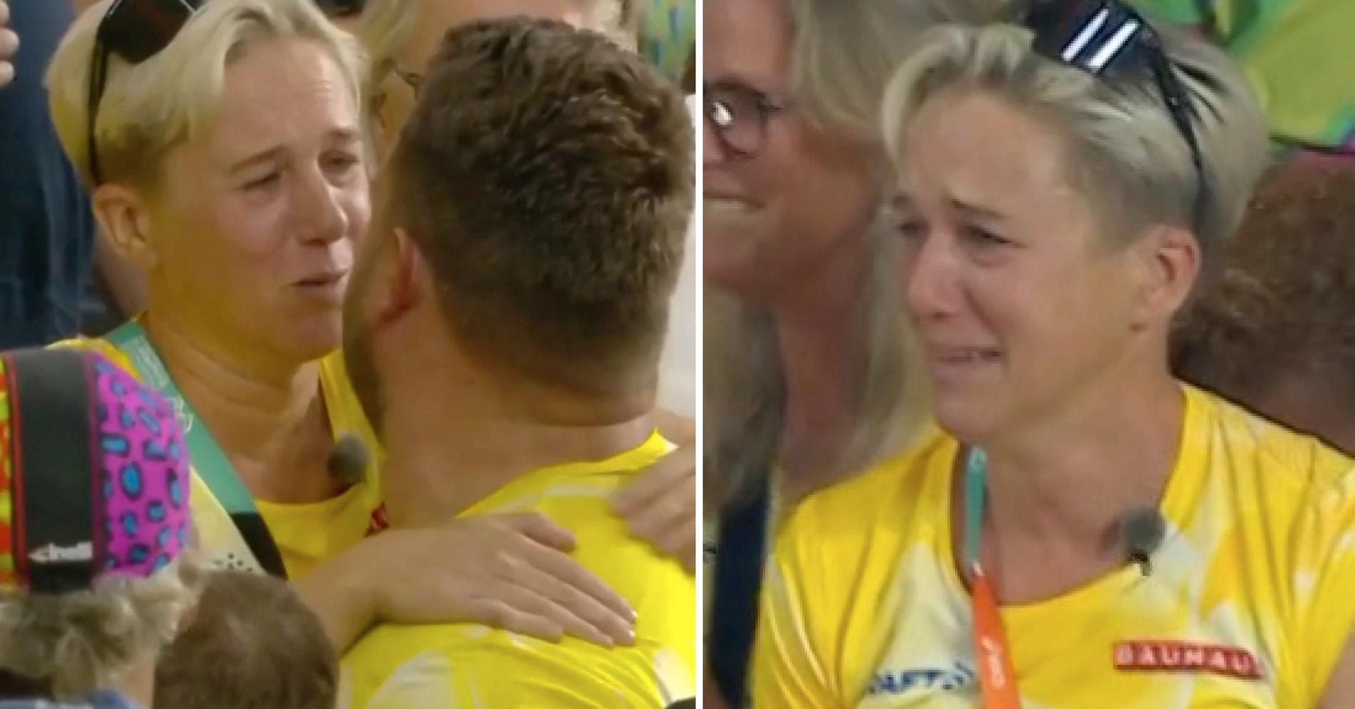 Kajsa Bergqvist brast ut i tårar efter guldrysaren. Sedan fick hon en kram av Daniel Ståhl.