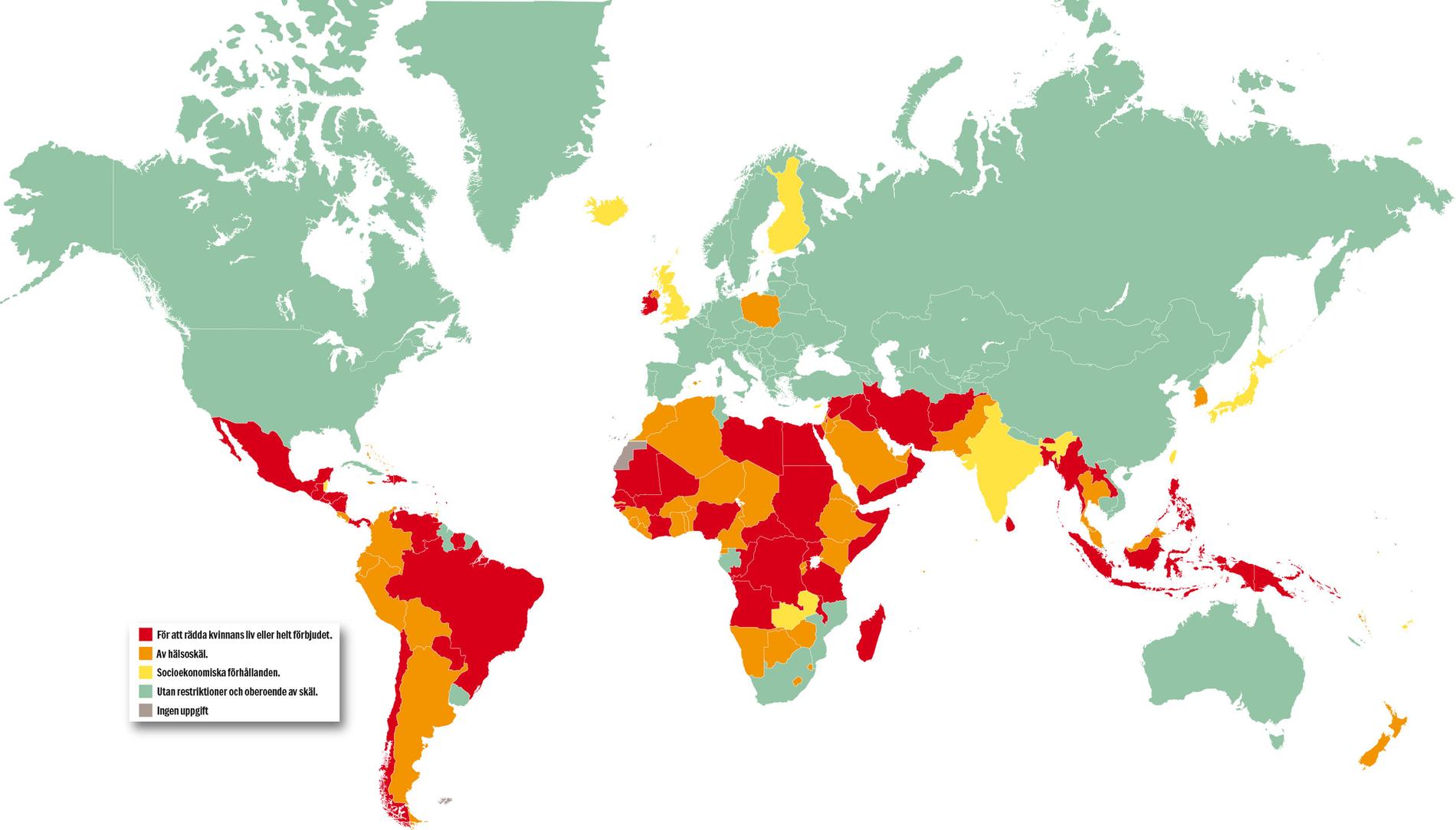 Kartan visar vilka länder som förbjuder abort – färgordningen visar graden av förbud, där rött är totalförbud. I vissa länder får kvinnan göra abort om hon uppfyller något av följande kriterier: Rött: för att rädda kvinnans liv är det helt förbjudet. Orange: av hälsoskäl Gult: av socioekonomiska förhållanden Grönt: utan restriktioner och oberoende av skäl