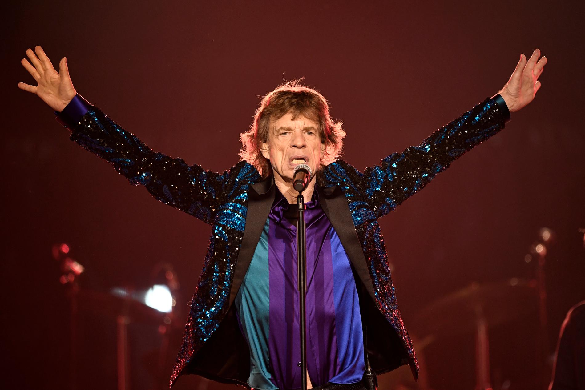 Mick Jagger under The Rolling Stones konsert i Stockholm 2017.