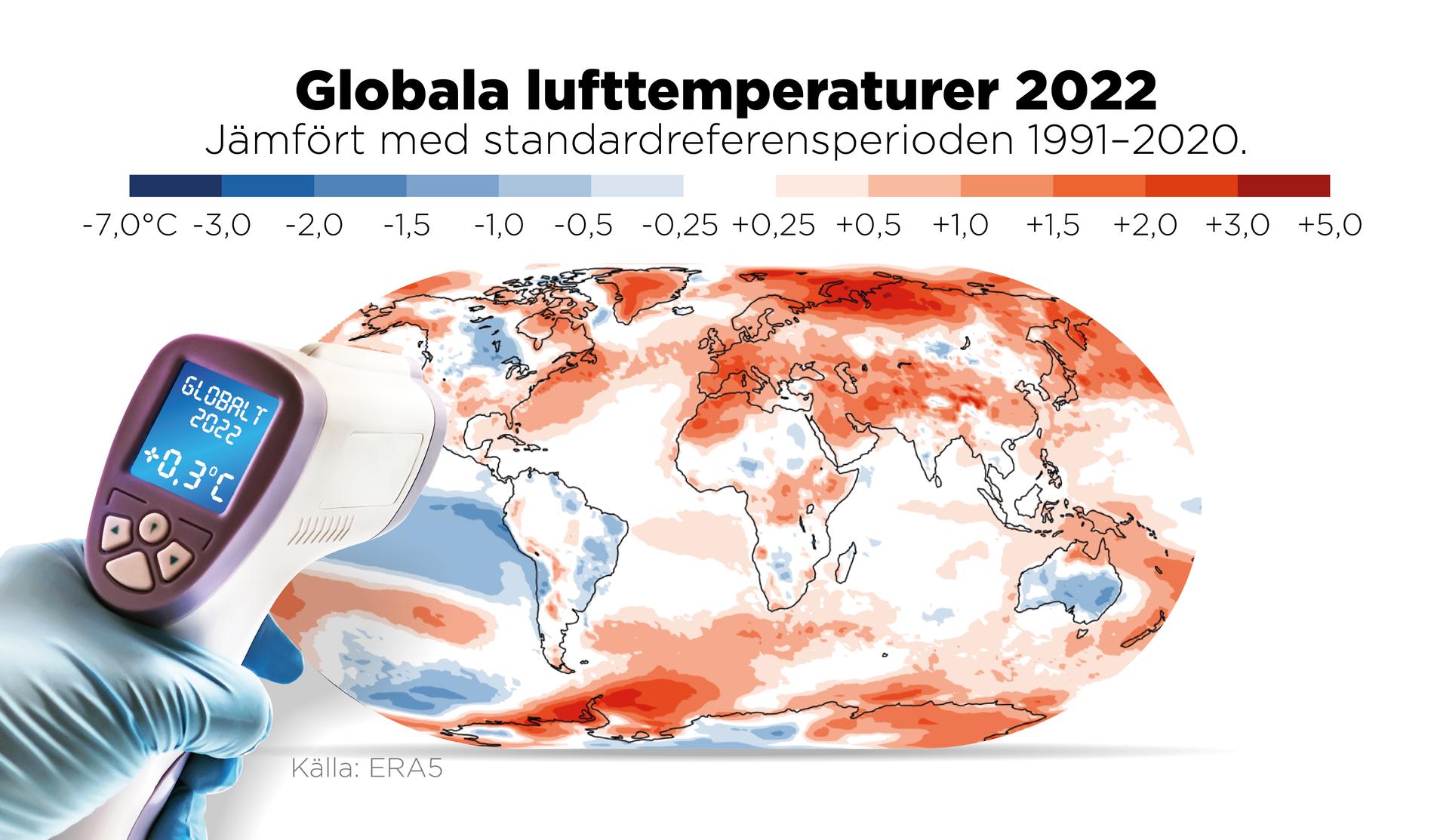 Medeltemperaturen i världen 2022 jämfört med standardreferensperioden 1991–2020.