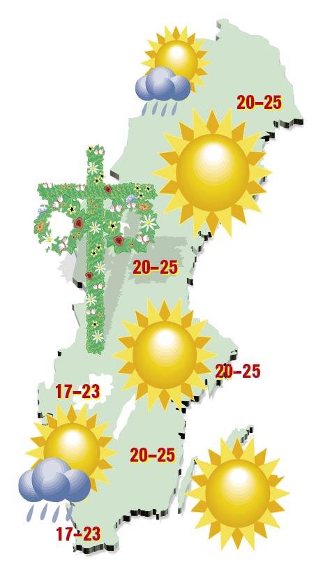 Så blir vädret Högtrycket väntas bestäma vädret också under midsommarveckan, även om det försvagas något – framför allt i sydvästra Sverige, meddelar SMHI. Klicka på bilden om du vill se den i större format.