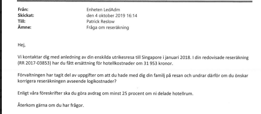 Riksdagsförvaltningens mejl till Reslow. 