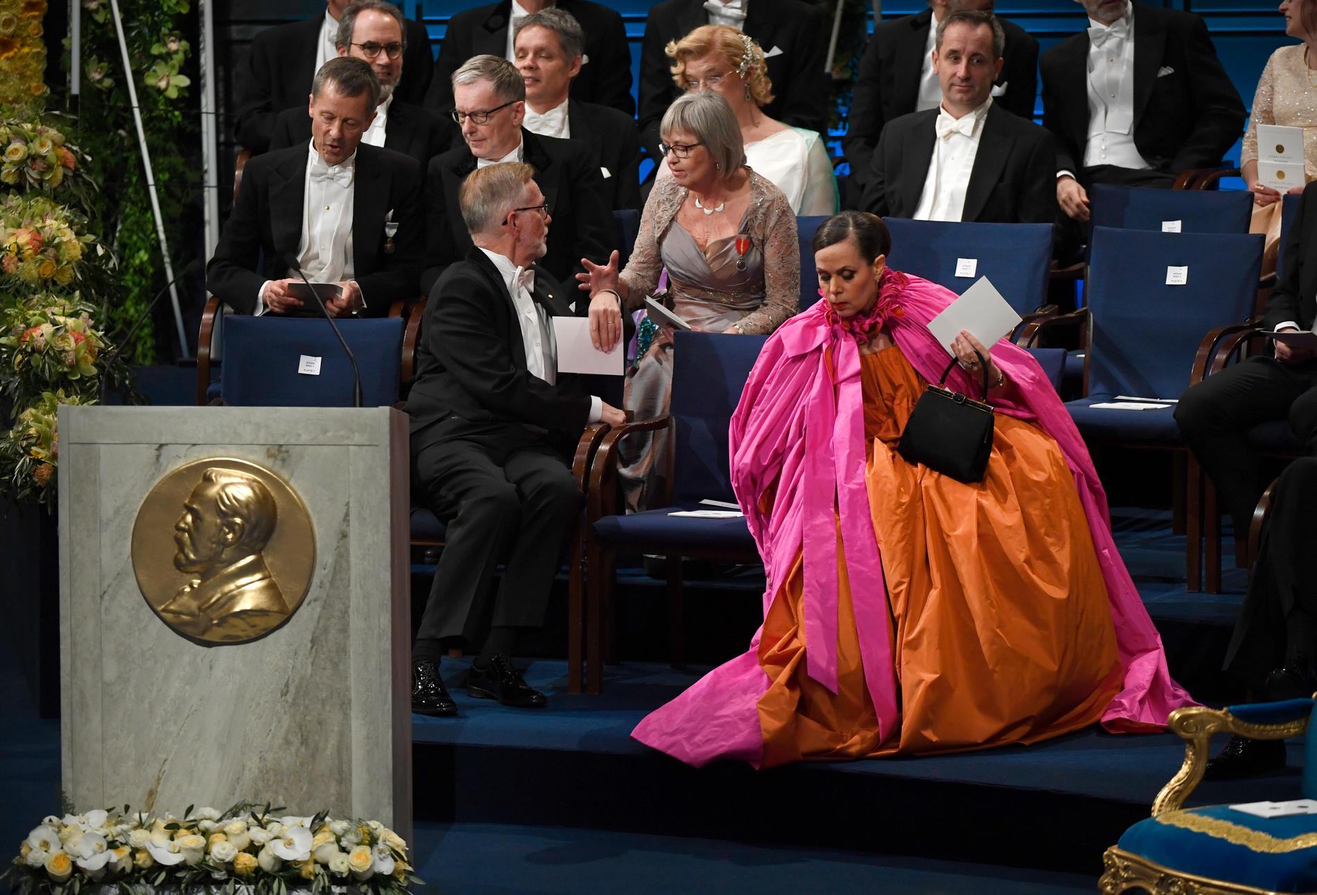 Klänningen som Danius bar under Nobelprisutdelningen i Konserthuset förra året blev en färgklick bland alla frackar och dämpade färgtoner.