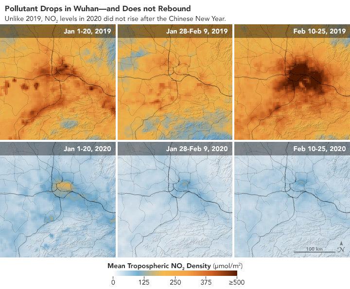 Satellitbilder visar sjunkande halter av luftföroreningar, kväveoxider, över Kina efter utbrottet av Coronaviruset, som stängt många arbetsplatser och stoppat transporter. Överst syns nivåerna under motsvarande period förra året.