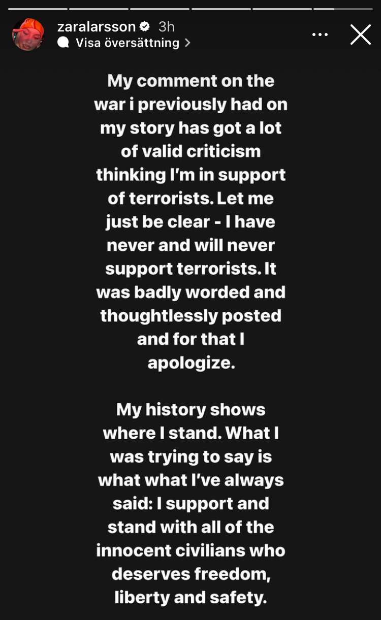 Zara Larssons story på Instagram.