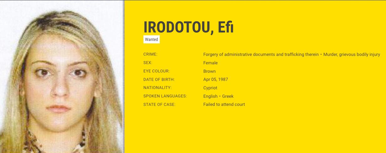 Efi Irodotou, ”Blondinen från Cypern”, är misstänks för vållande till annans död, bedrägeri och mened.