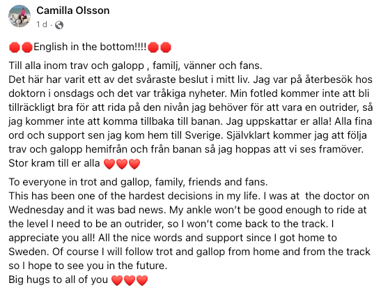 Camilla Olssons inlägg på Facebook om beslutet att lägga ner karriären.