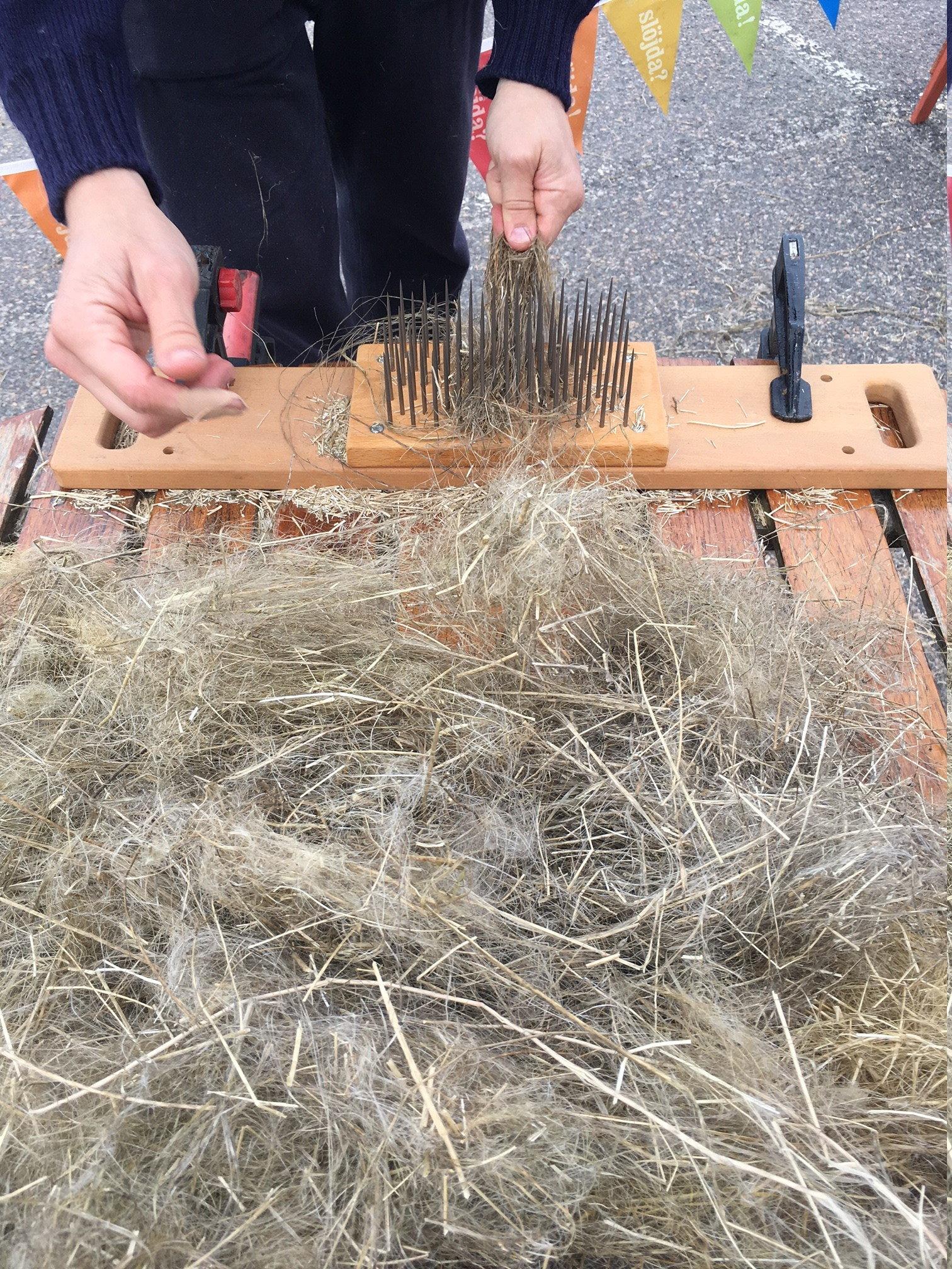 När man häcklar drar man linet genom en kam för att få fram fibrerna som sedan kan spinnas till garn.