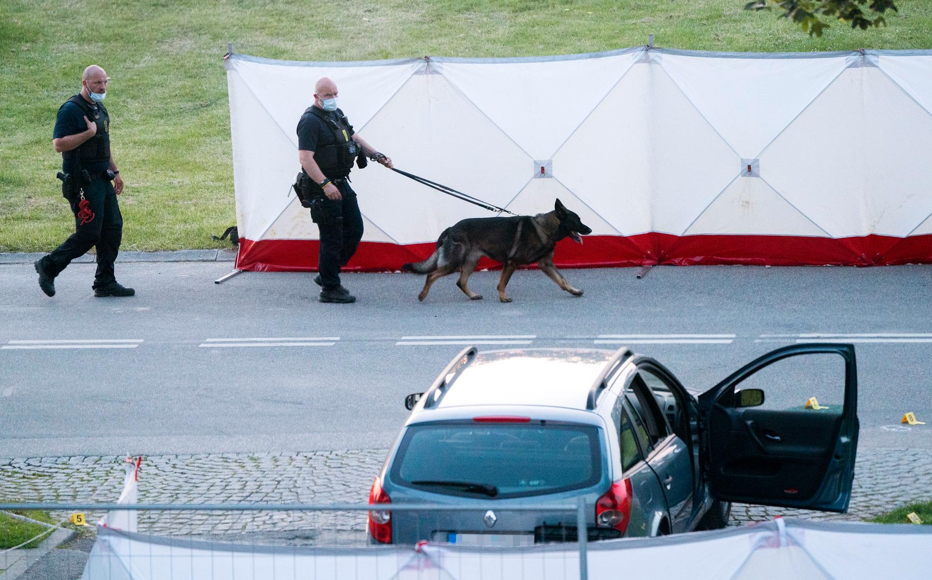 Polis och kriminaltekniker på plats efter att två människor skjutits ihjäl i en svenskregistrerad bil i Köpenhamnsförorten Herlev, 