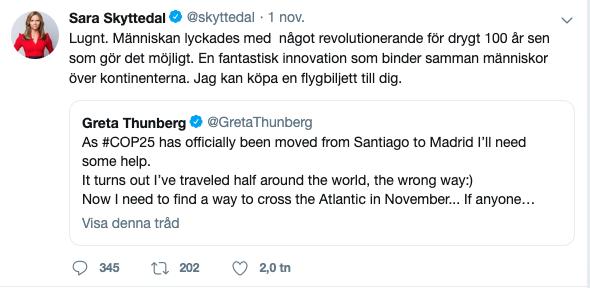 Sara Skyttedal twittrade till Greta Thunberg.