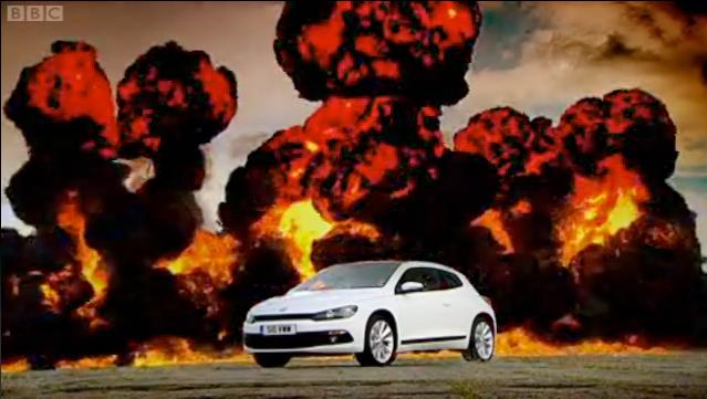 Så här såg det ut när Top Gear-gänget försökte sig på att göra en reklamfilm åt Volkswagen. Foto: BBC