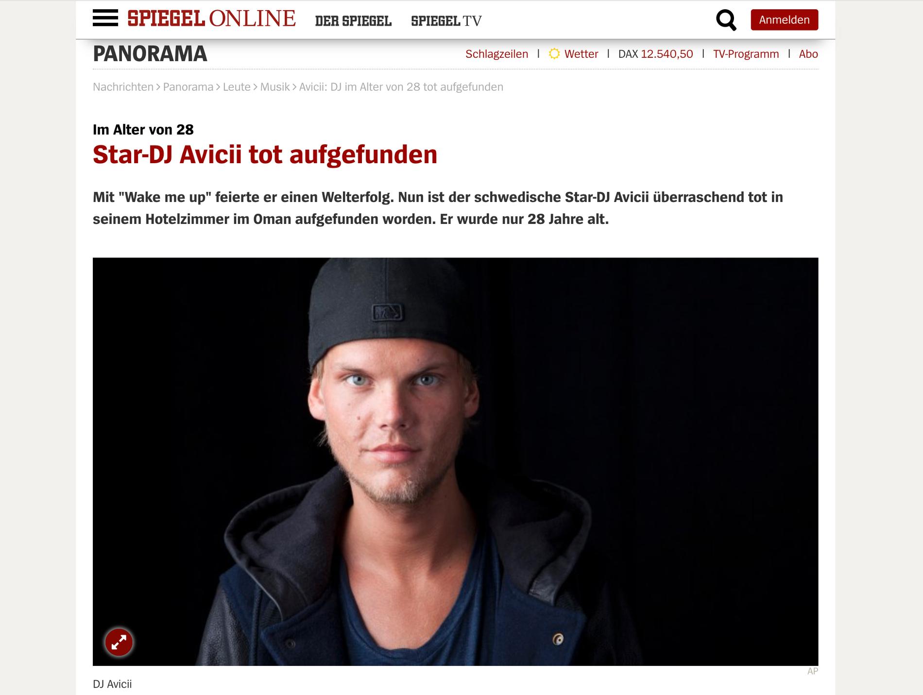 Tyska Spiegel skriver om Aviciis död. 