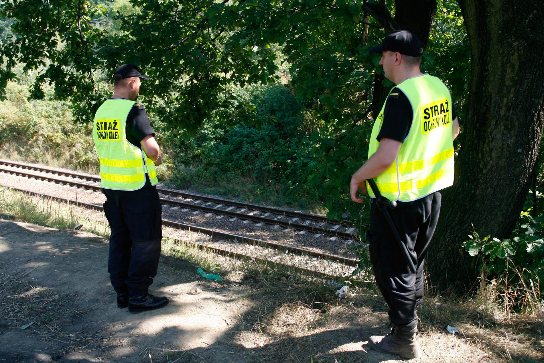Järnvägsvakter patrullerar spåren för att förhindra människor som letar efter guldtåget att bli skadade av tåg som passerar, nära Walbrzych i Polen den 31 augusti.