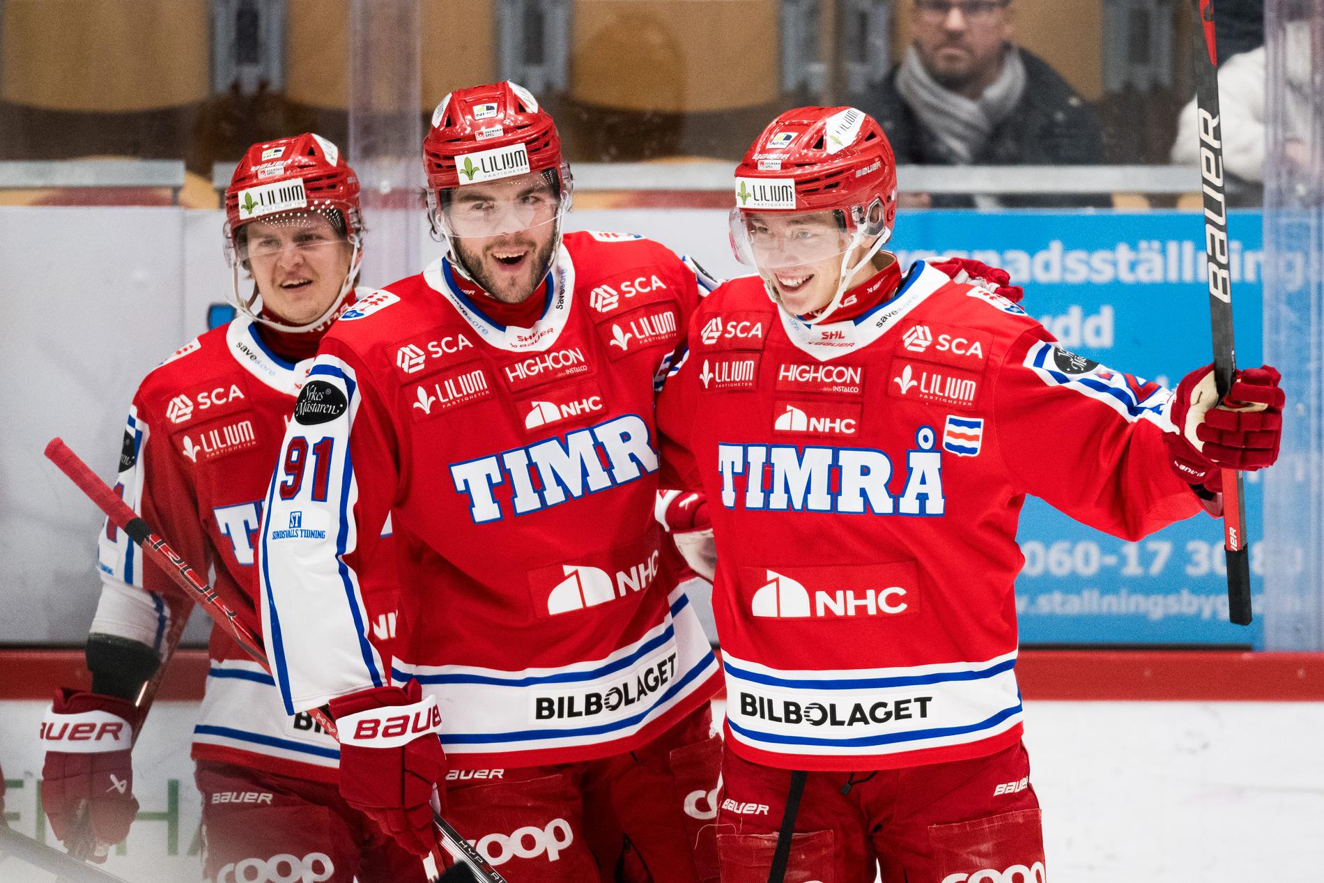 Timrås Oliver Johansson och Magnus Pääjärvi jublar efter 2–1-målet.
