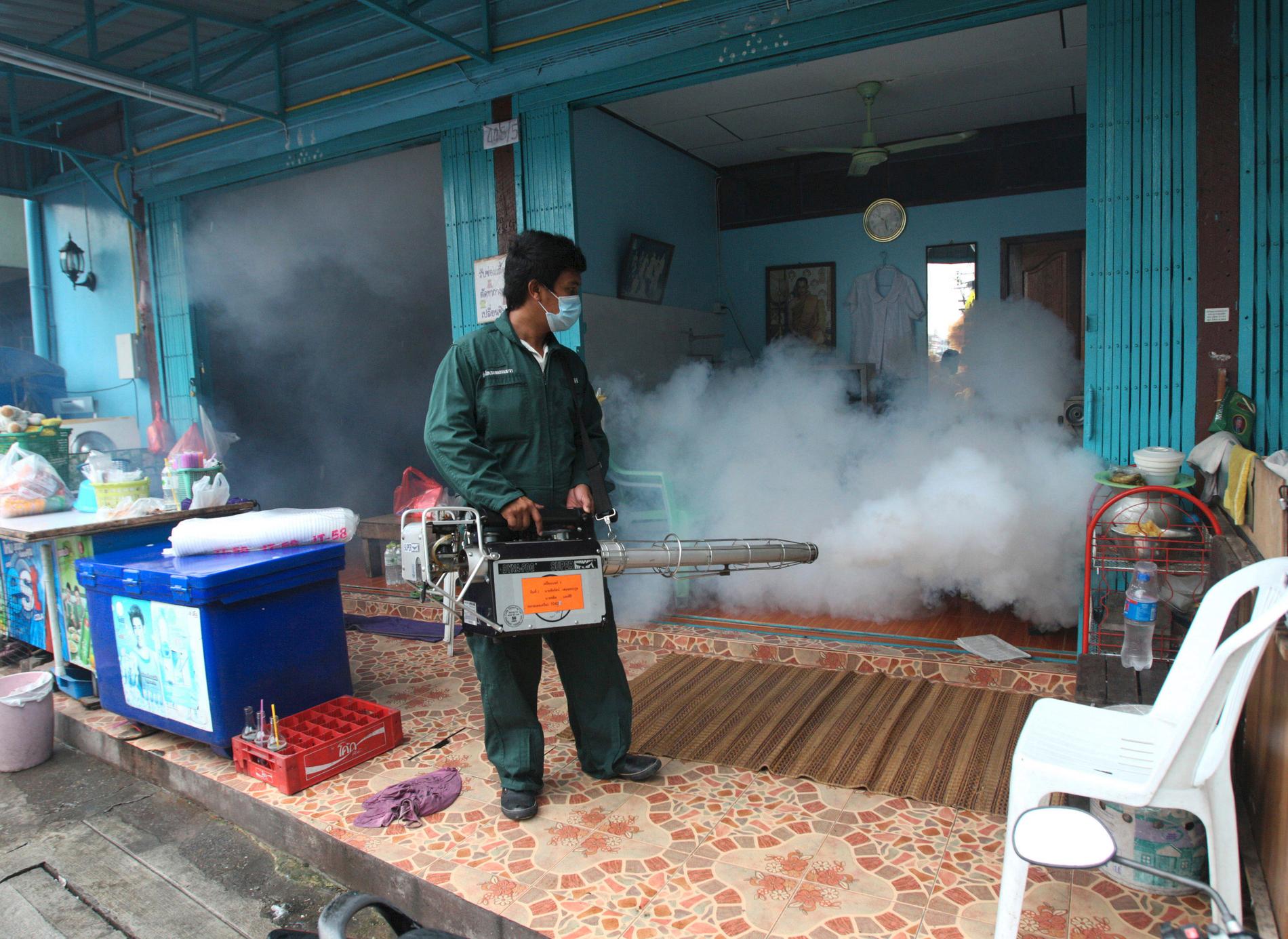 En kommunanställd i den thailändska huvudstaden Bangkok sprejar insektsmedel i ett hus för att få bort myggor som kan överföra det virus som orsakar denguefeber, Arkivbild.