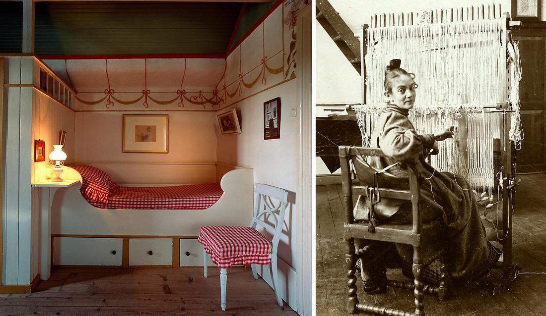 Karins sovrum där Carl Larsson målat de vackra dekorationerna. Sängen är platsbyggd med praktiska lådor nertill. Karin Larsson vid gobeläng-vävstolen. Hon var utbildad konstnär och hade även en slöjd-utbildning i botten och vävde och broderade alla sina textilier.
