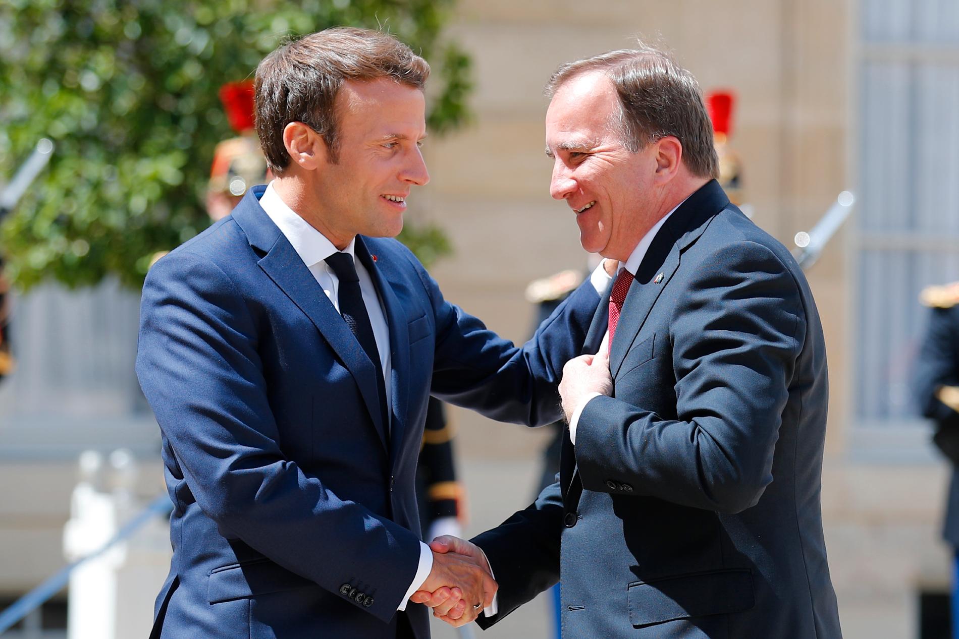 Löfven och Macron fotograferade under ett möte i Paris 2019.
