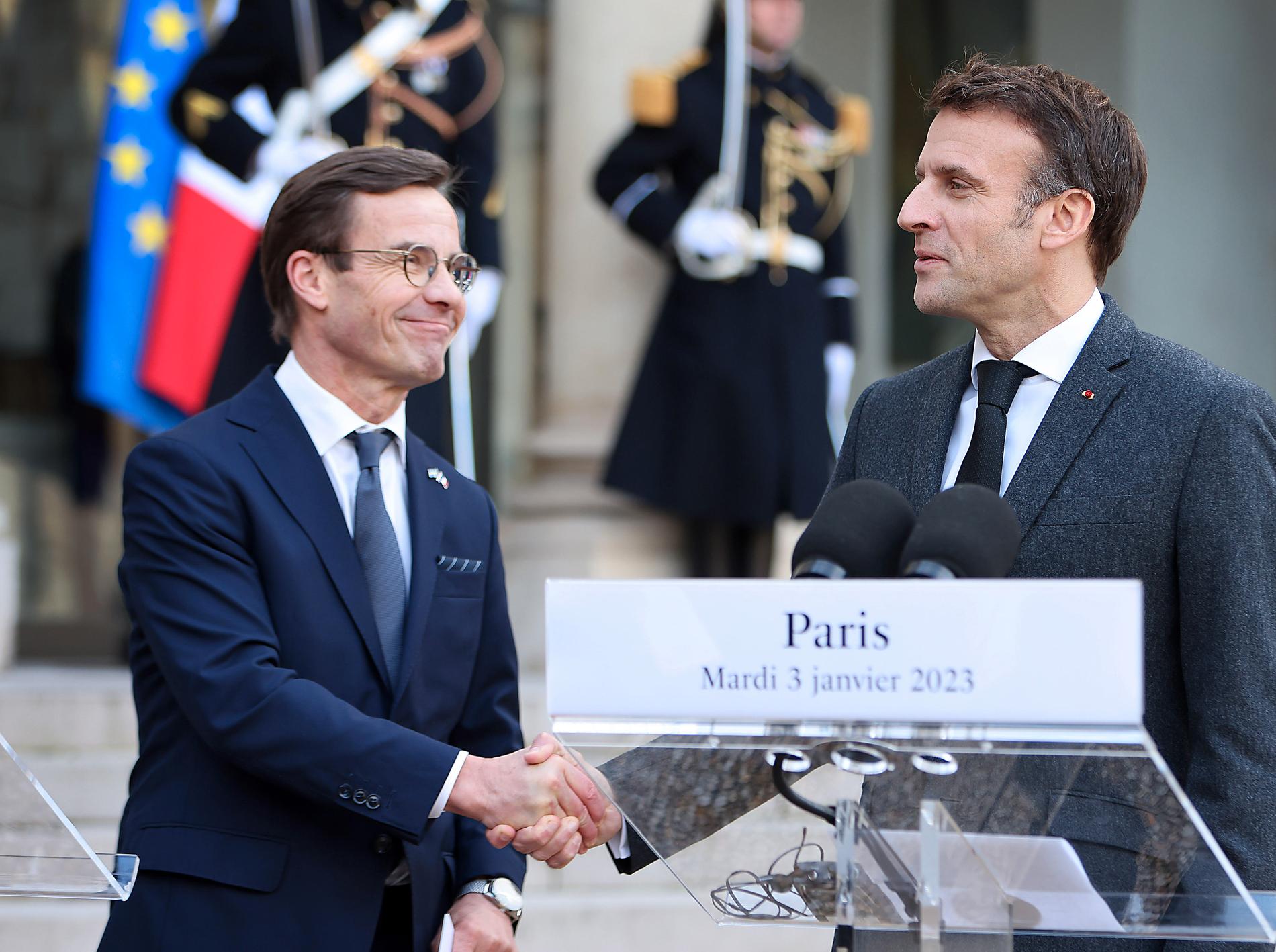 Statsminister Ulf Kristersson och Frankrikes president Emmanuel Macron.