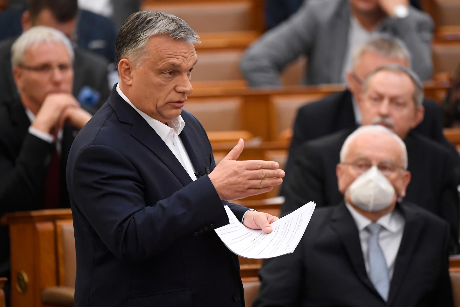 Ungerns premiärminister Viktor Orbán under en debatt i det ungerska parlamentet i Budapest. Arkivfoto.