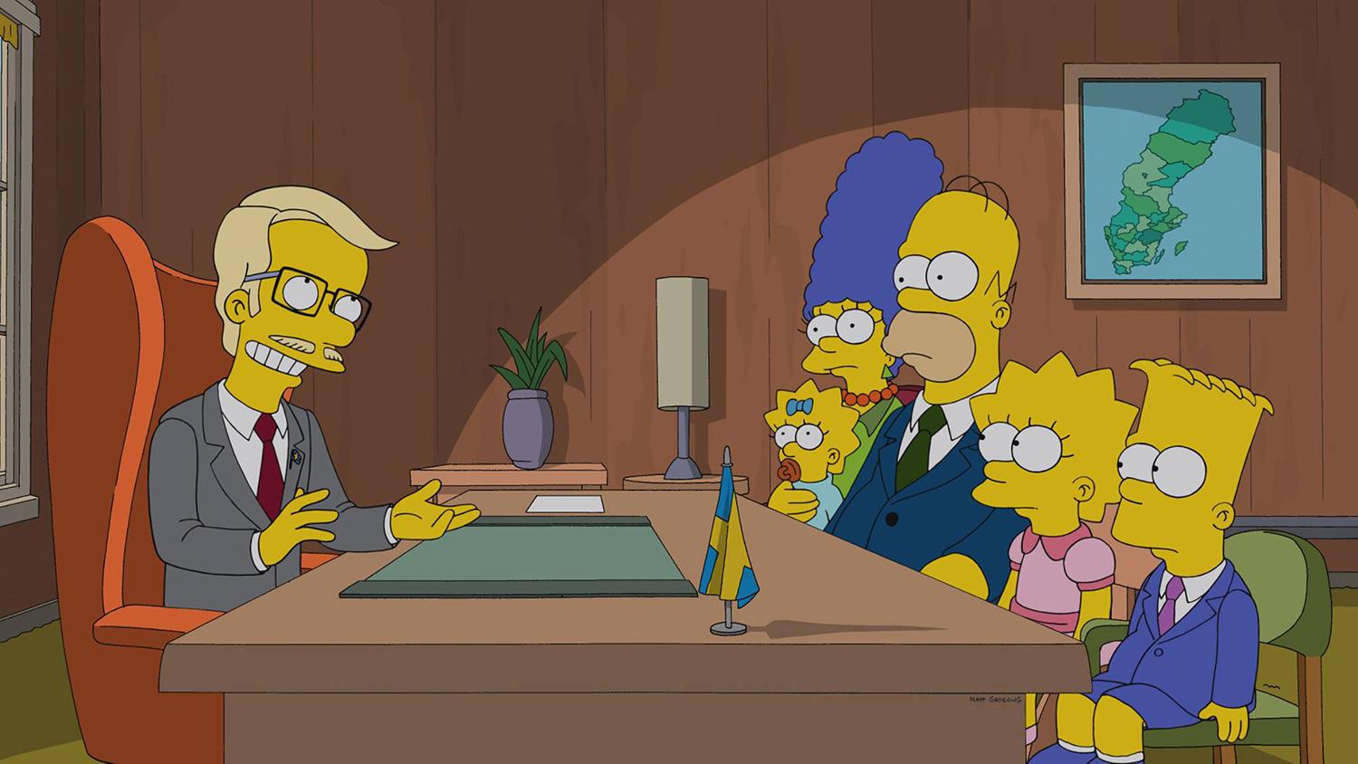 Lika som bär? Familjen Simpson hos den svenska ambassadören. En läsare noterade likheten mellan Sveriges kartbild och Marge Simpsons hår.