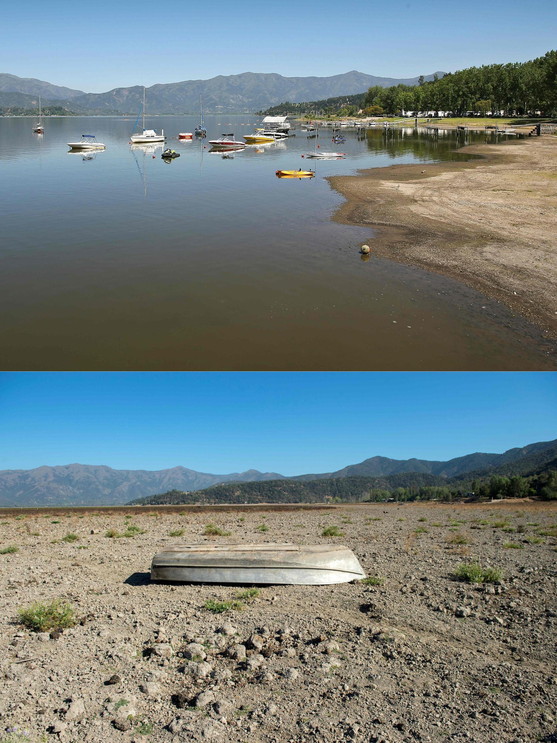 Det nu uttorkade tidigare semesterparadiset, sjön Aculeo i Chile. Den översta bilden är tagen 2013, den undre i mars i år.