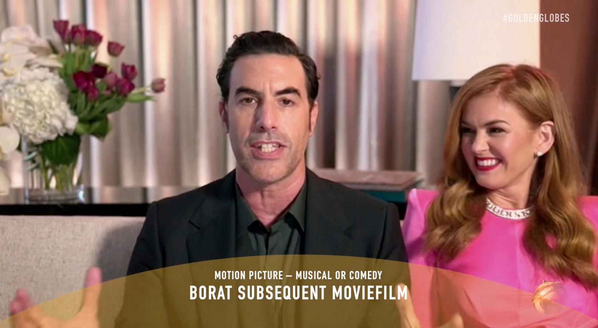 På filmsidan blev förutom ”Nomadland” (bästa film, drama, och bästa regi) Sascha Baron Cohen den stora vinnaren för andra Borat-filmen.