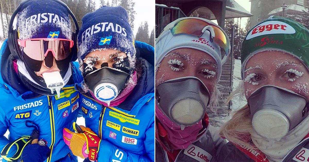 Österrikiska åkarna Lisa Hauser och Julia Schwaiger samt svenska Elisabeth Högberg visade upp sina andningsmasker på Instagram.
