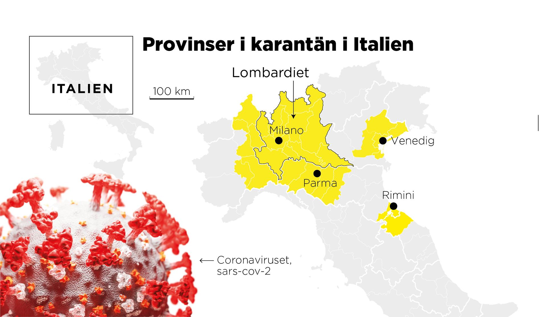 Hela den italienska regionen Lombardiet och 14 av landets provinser sätts i karantän fram till den 3 april.