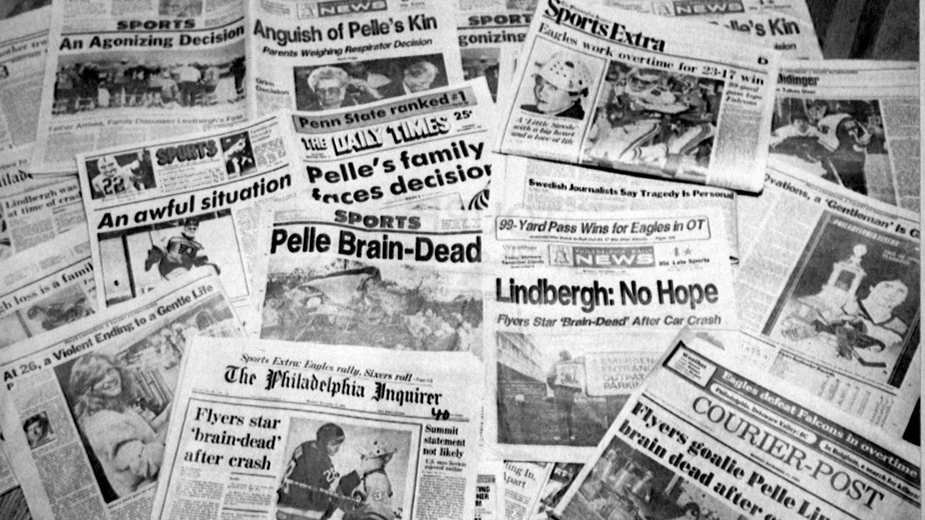 Amerikanska tidningar dagen efter Pelles krasch.