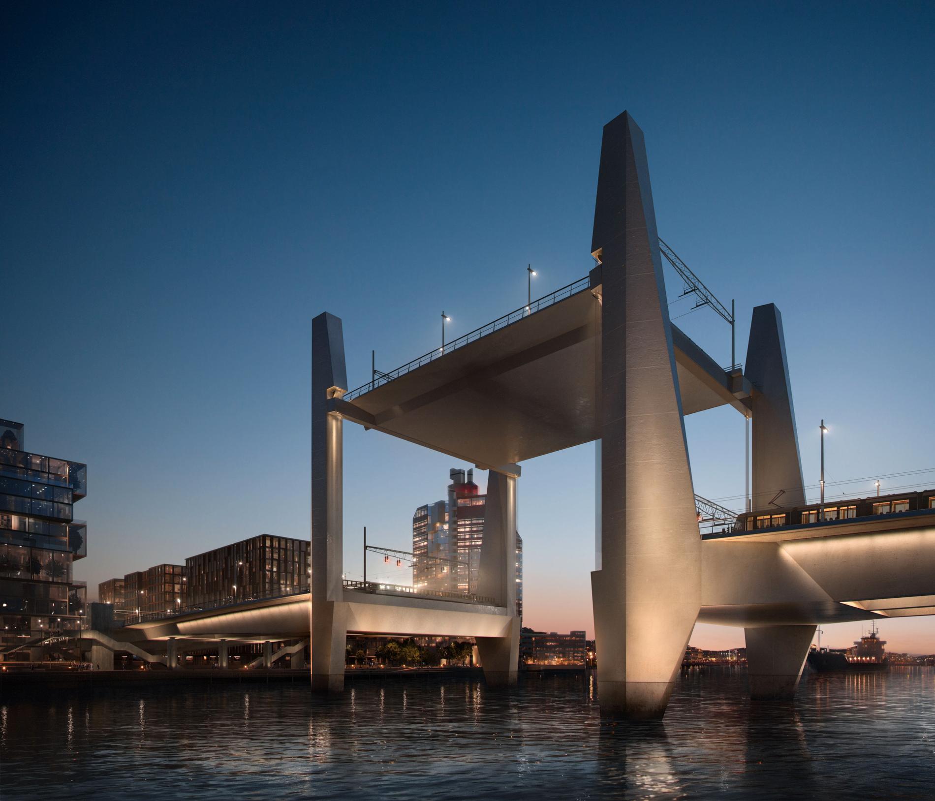 Hisingsbron har ett lyftspann där en del av vägbanan kommer att hissas 16 meter rakt upp i luften för att släppa fram fartyg på älven. Visualisering som visar hur Hisingsbron i Göteborg är tänkt att se ut när den är klar 2021.