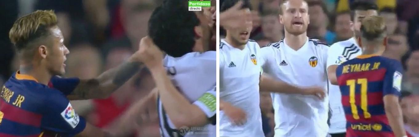 När Valencia-spelare står och firar går Neymar fram och klappar till en av dem.