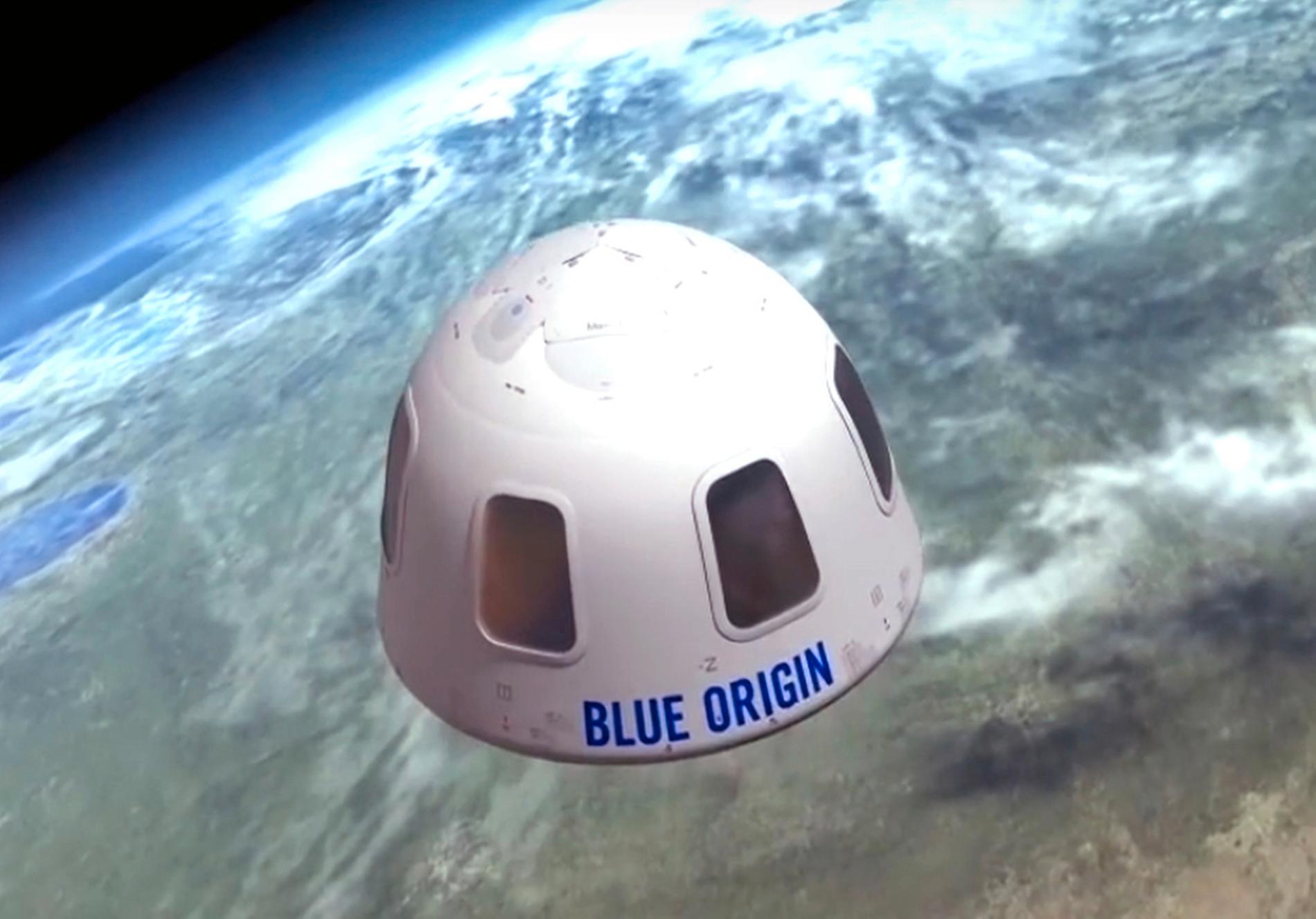 Illustrationsbild av hur det kan se ut när farkosten New Shepard tar de förmögna passagerarna till rymdens "gräns".