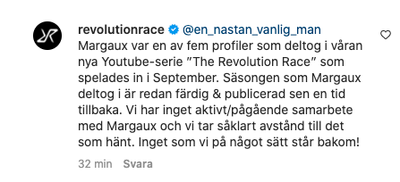 Revolution Race svar på en kommentar där en person säger att hen inte vill köpa kläder av dem på grund av samarbetet med Margaux Dietz.
