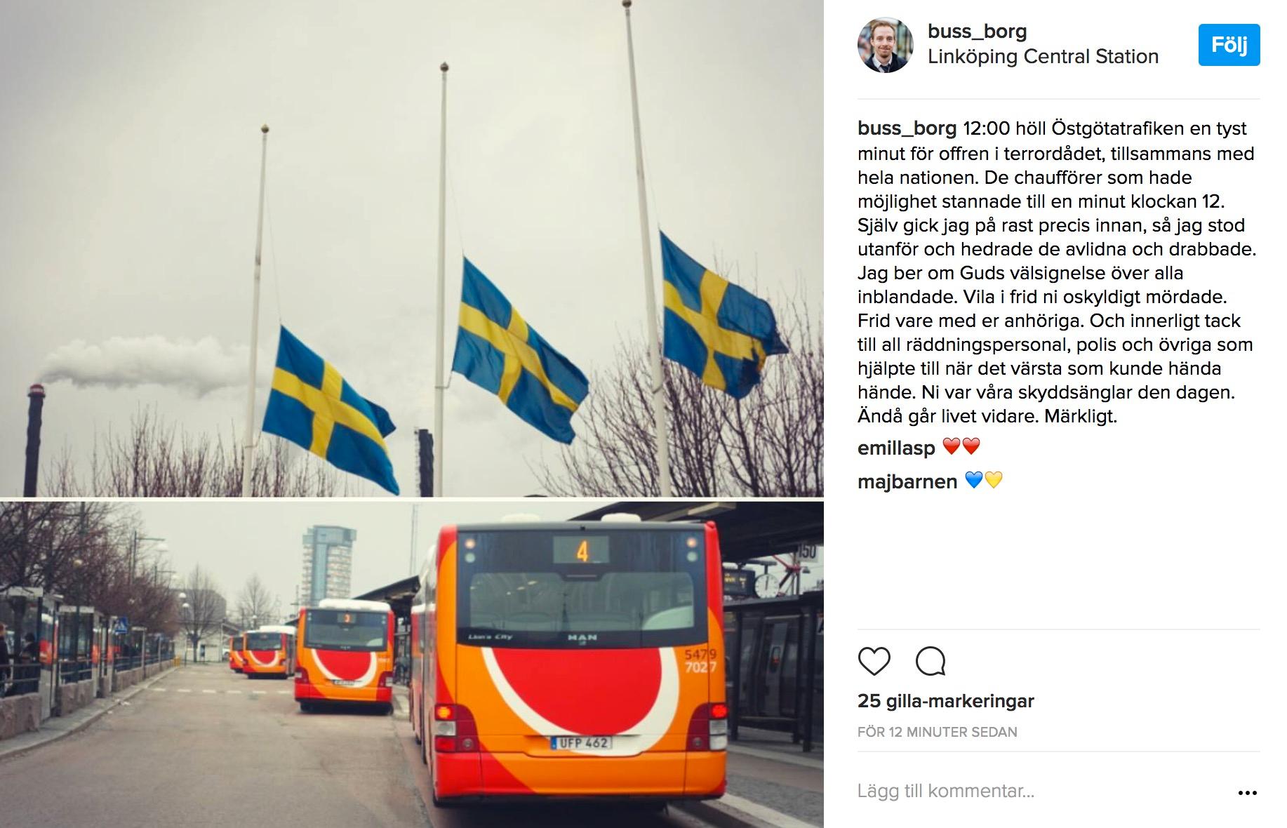 Busschaufförer i Östergötland hedrade offren med en tyst minut.