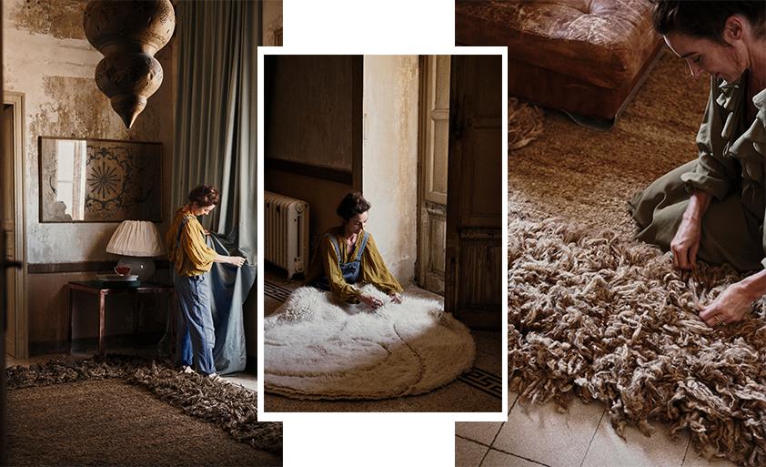 Marie Olsson Nylanders nya mattkollektion består av helt handvävda och handknuta mattor med jordnära färger.