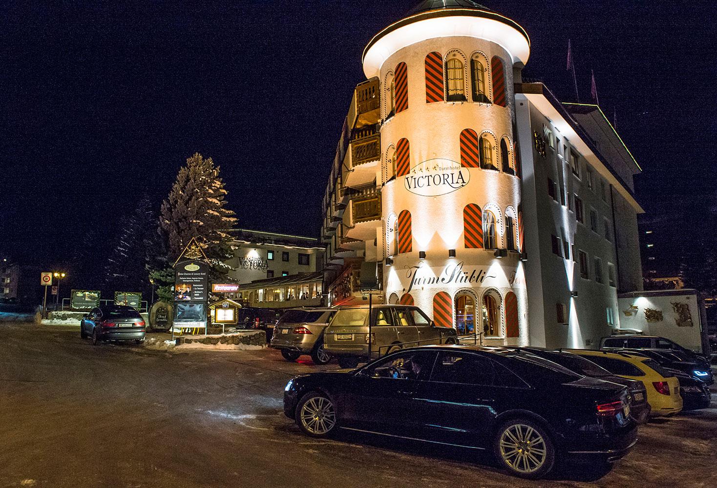 Turm Hotel Victoria i Davos. Här var middagen för Löfven och de andra höjdarna.