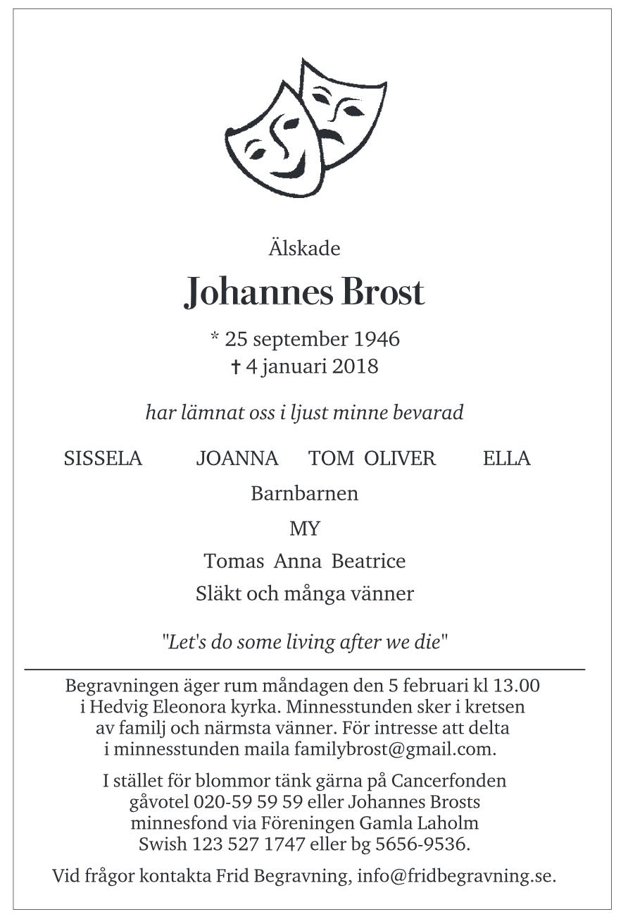 Johannes Brosts dödsannons publiceras i DN söndagen den 21 januari.
