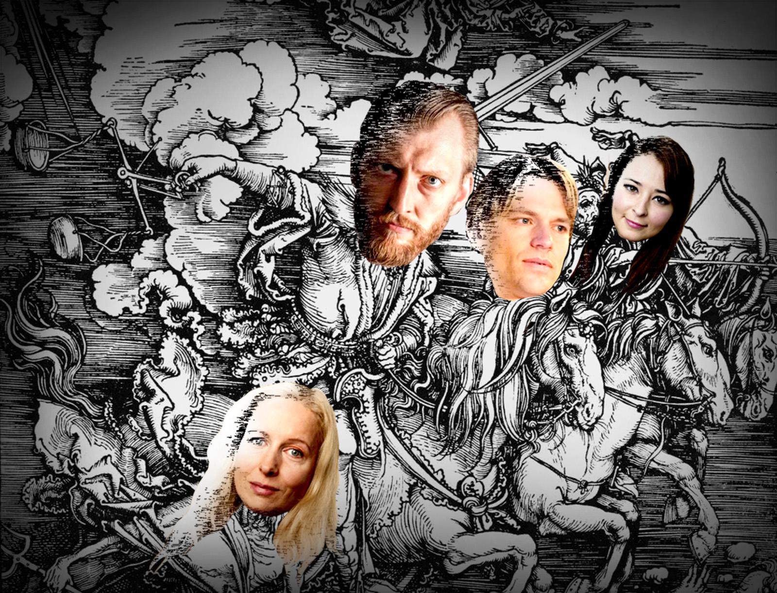 Apokalypsens fyra liberala ryttare i Aftonbladet ledarsidas julkrönika 2015 – Anna Dahlberg, PM Nilsson, Alice Teodorescu Måwe och Ivar Arpi.