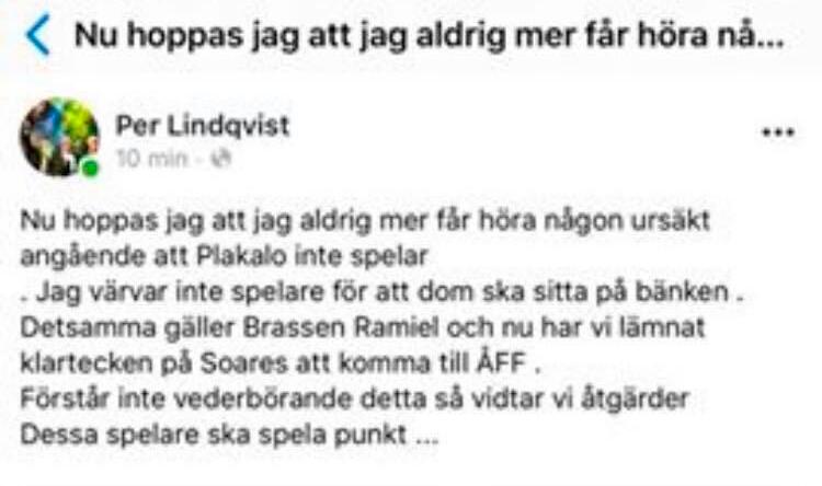 Per Lindqvists inlägg på Facebook 2019.