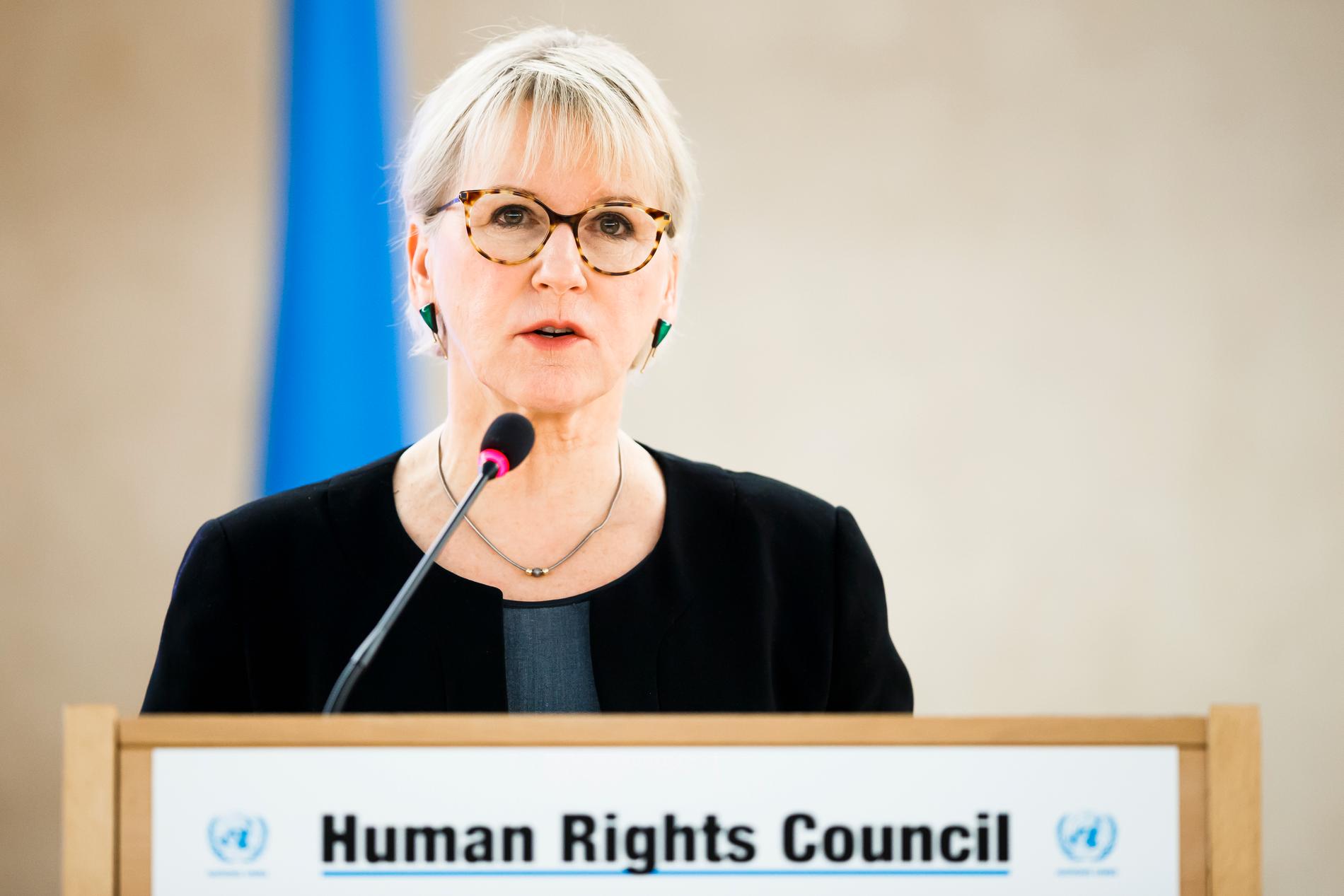 Utrikesminister Margot Wallström (S) håller ett anförande i Genève vid FN:s människorättsråds möte i tisdags. Arkivbild.