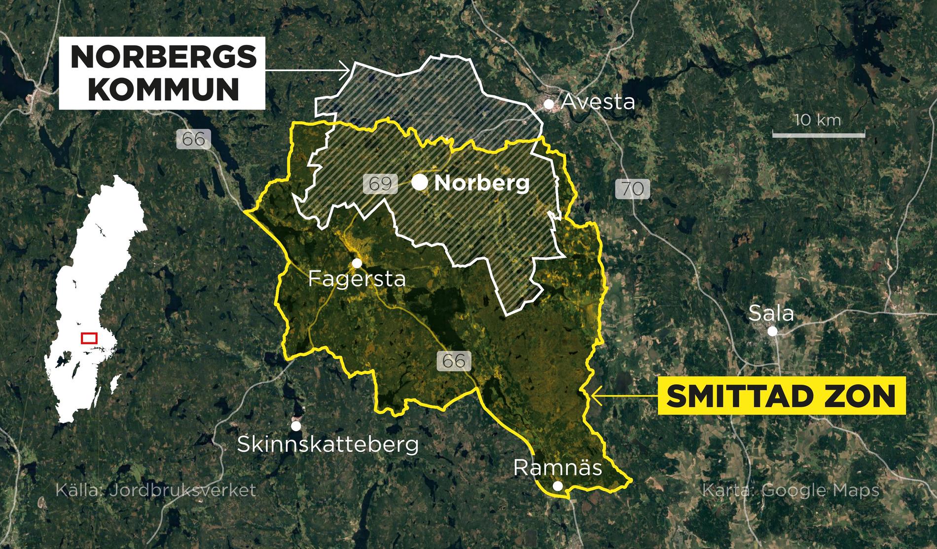 Norbergs kommun i förhållande till området där Jordbruksverket har infört restriktioner efter fynden av afrikansk svinpest.